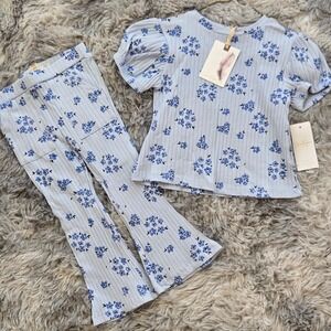 Jessica Simpson Baby Girls 24M Blue Floral Ribbed Top and Flare Pants Set NEW!